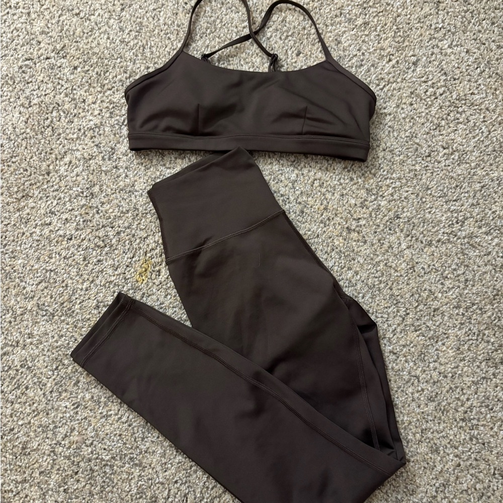 ALO Yoga Dark Brown Strappy Sports Bra and Leggings Set